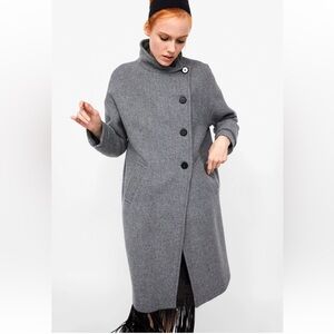 ZARA Wool Blend Grey Trench Coat Button Down  High Neck Jacket Minimalist Chic